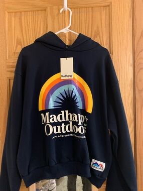 Madhappy Navy hoodie Sweatshirt with Multicolor Rainbow Graphic